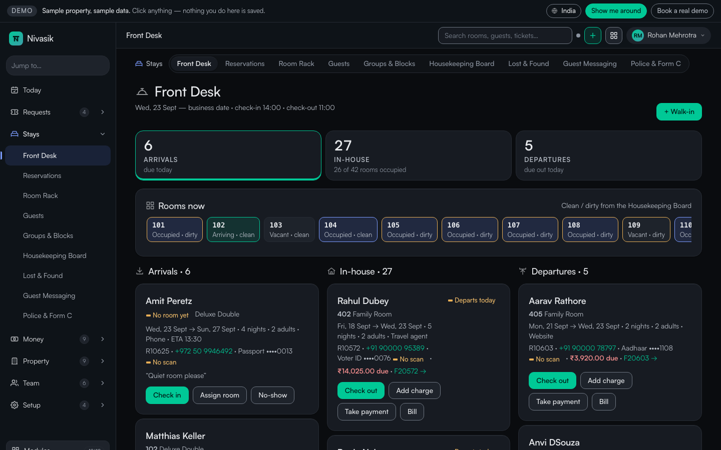Nivasik Front Desk: arrivals, in-house and departures cards with check-in and check-out buttons
