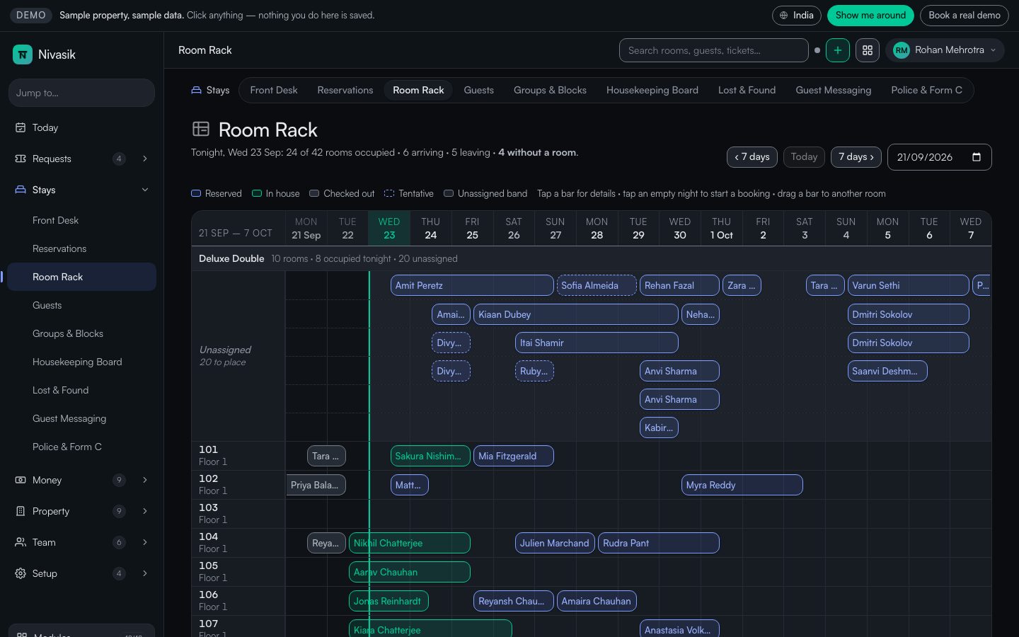 Nivasik Room Rack: a tape chart of rooms against dates with bookings as bars